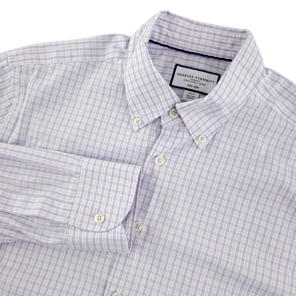 Charles Tyrwhitt Dress Shirt Mens 16.5 34/35 Purple Check Slim‎ Fit Non Iron